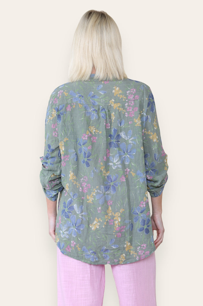 DITSY BLOEMENMIX GRANDAD SHIRT BLOUSE - KHAKI