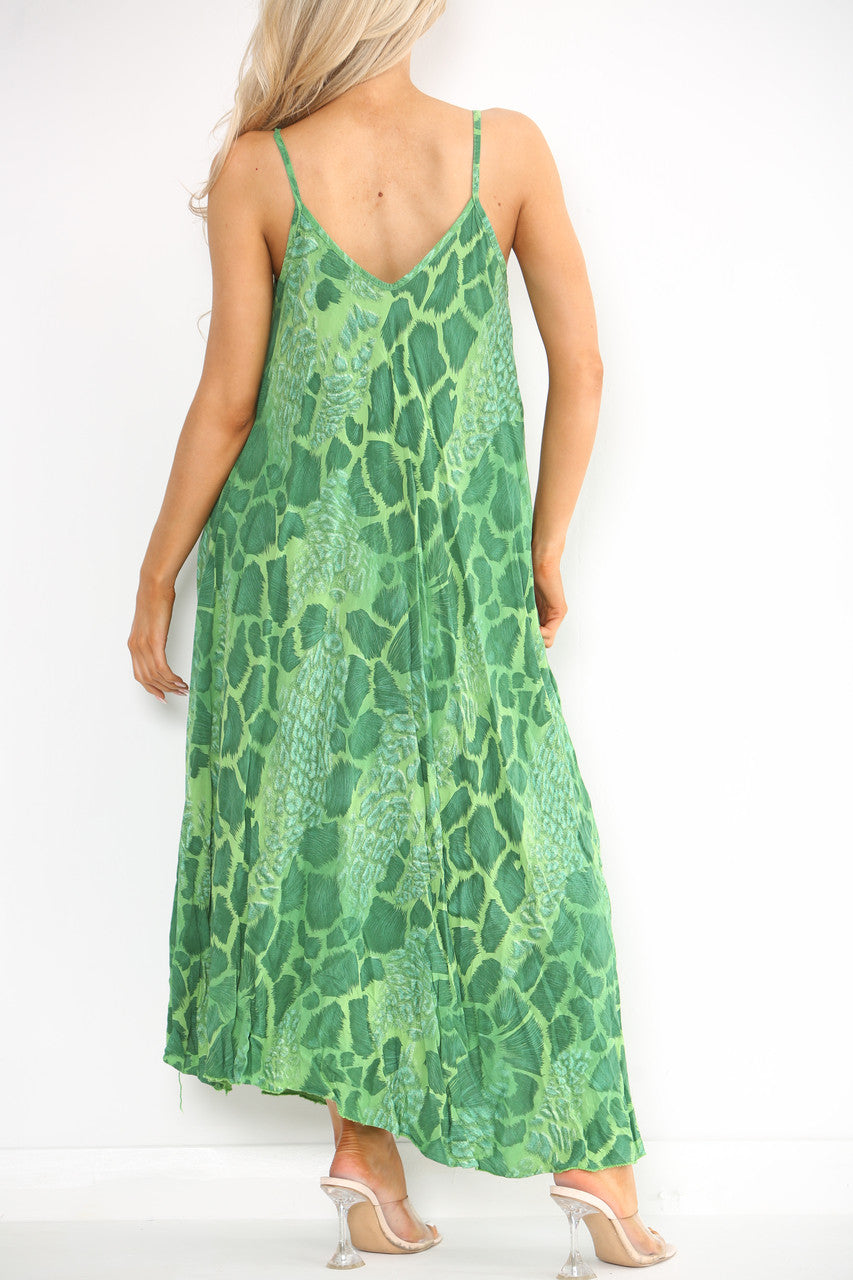 Dames Jurk met Abstracte Dierenprint en Spaghettibandjes Groen