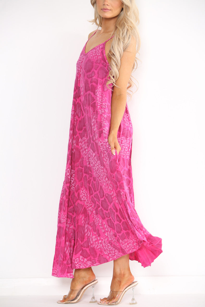 Ladies Abstract Animal Print Strappy Dress Cerise