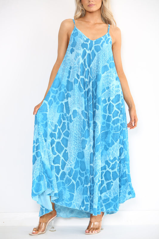 Ladies Abstract Animal Print Strappy Dress Turquoise