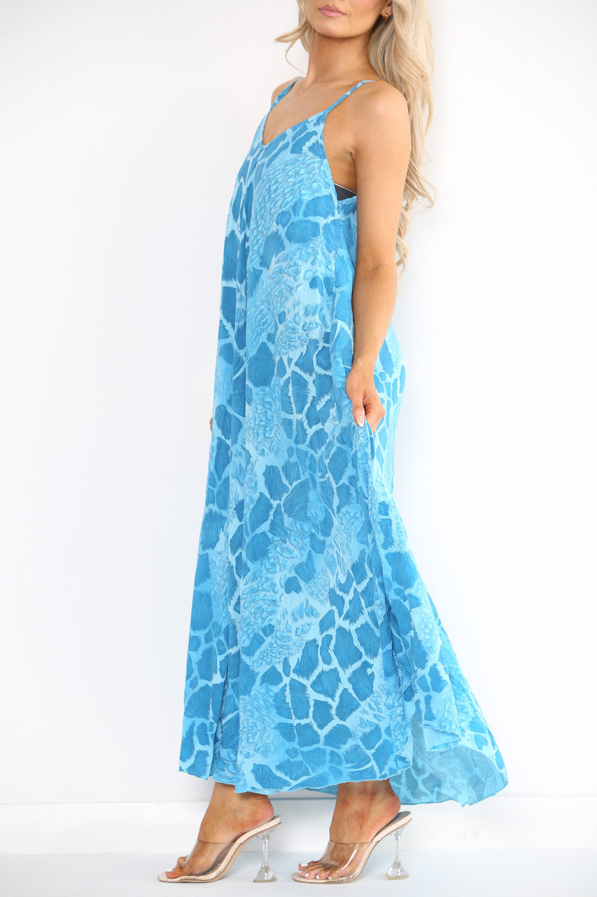 Ladies Abstract Animal Print Strappy Dress Turquoise