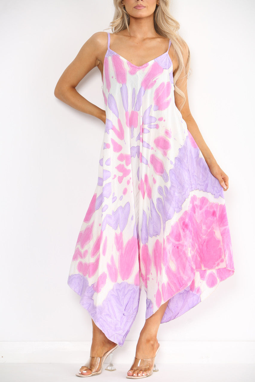 Ladies Tie Dye Print Strappy Jumpsuit Cerise