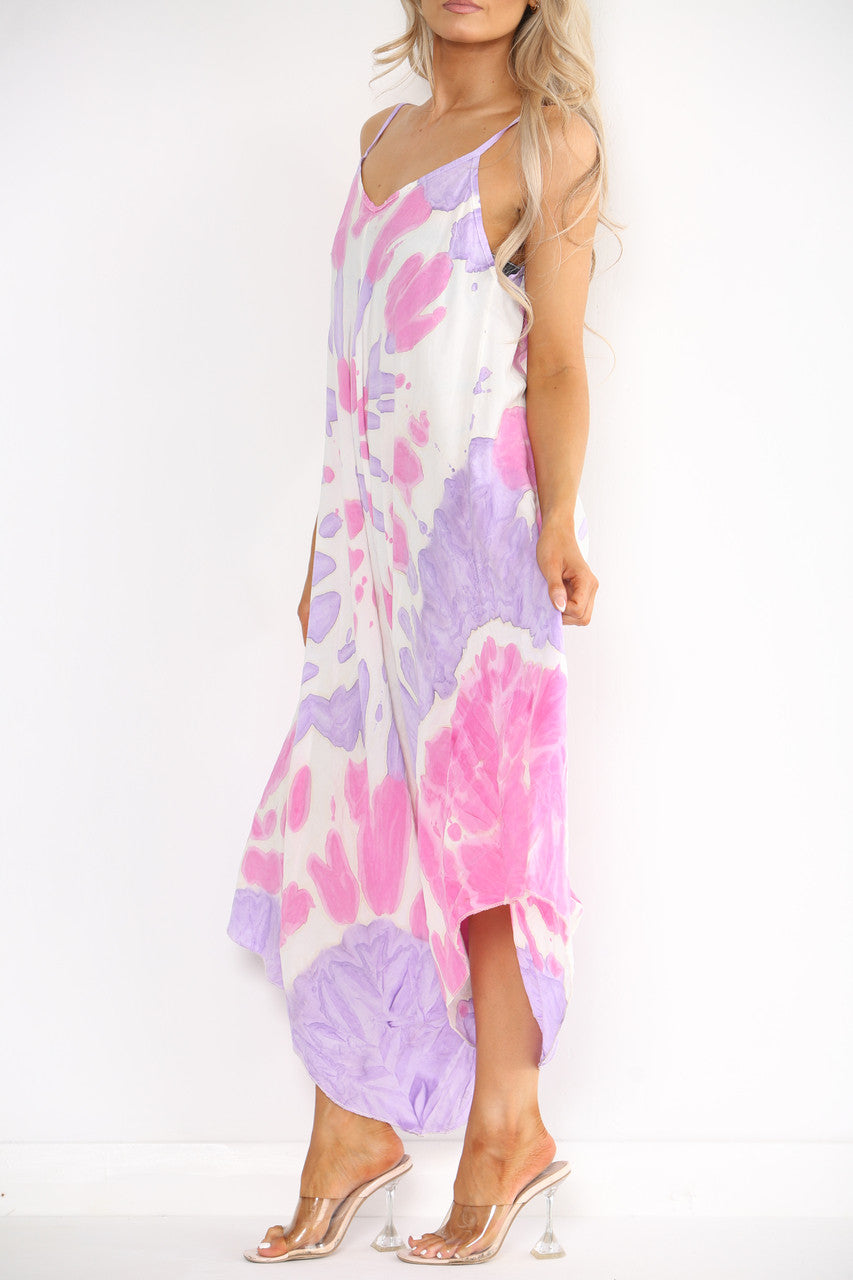 Ladies Tie Dye Print Strappy Jumpsuit Cerise