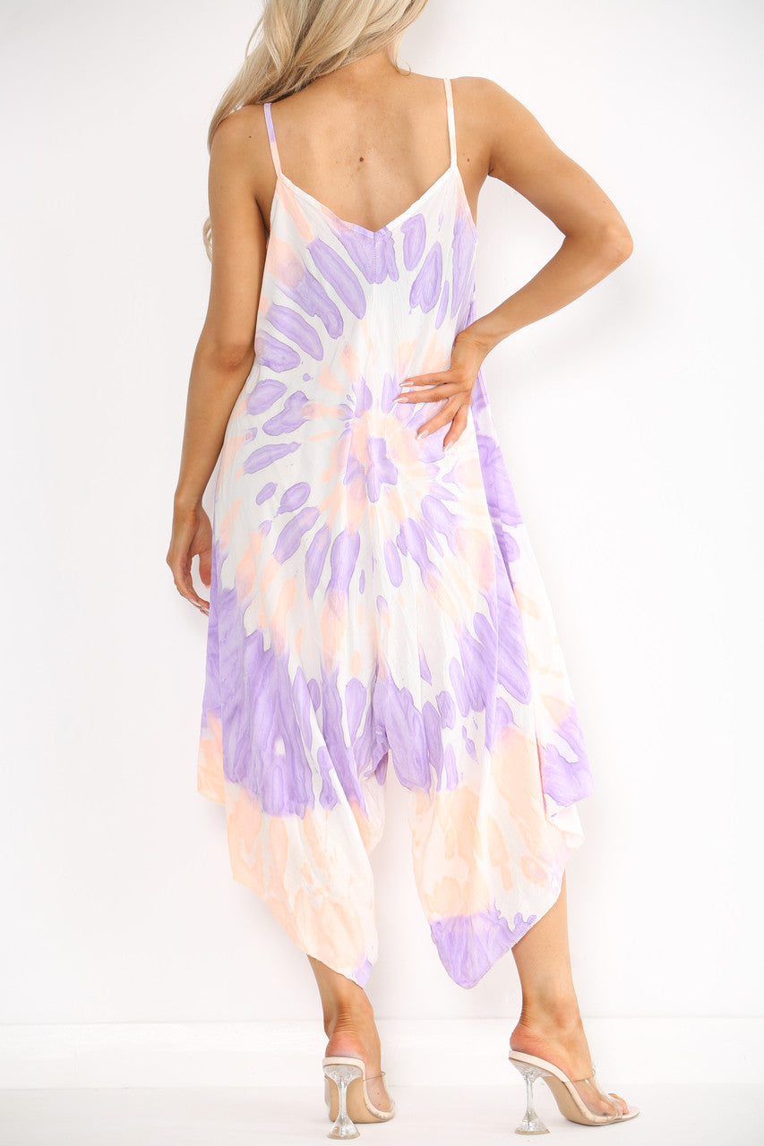 Ladies Tie Dye Print Strappy Jumpsuit Lilac