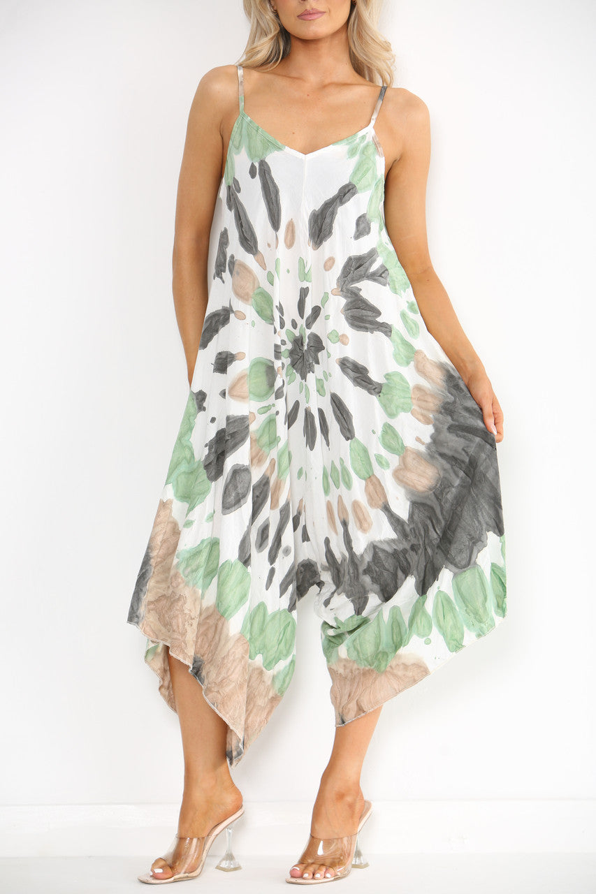 Ladies Tie Dye Print Strappy Jumpsuit Khaki