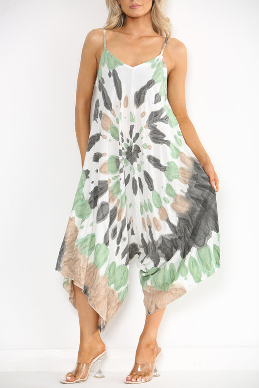 Dames Tie-dye-print Jumpsuit met bandjes Kakikleurig