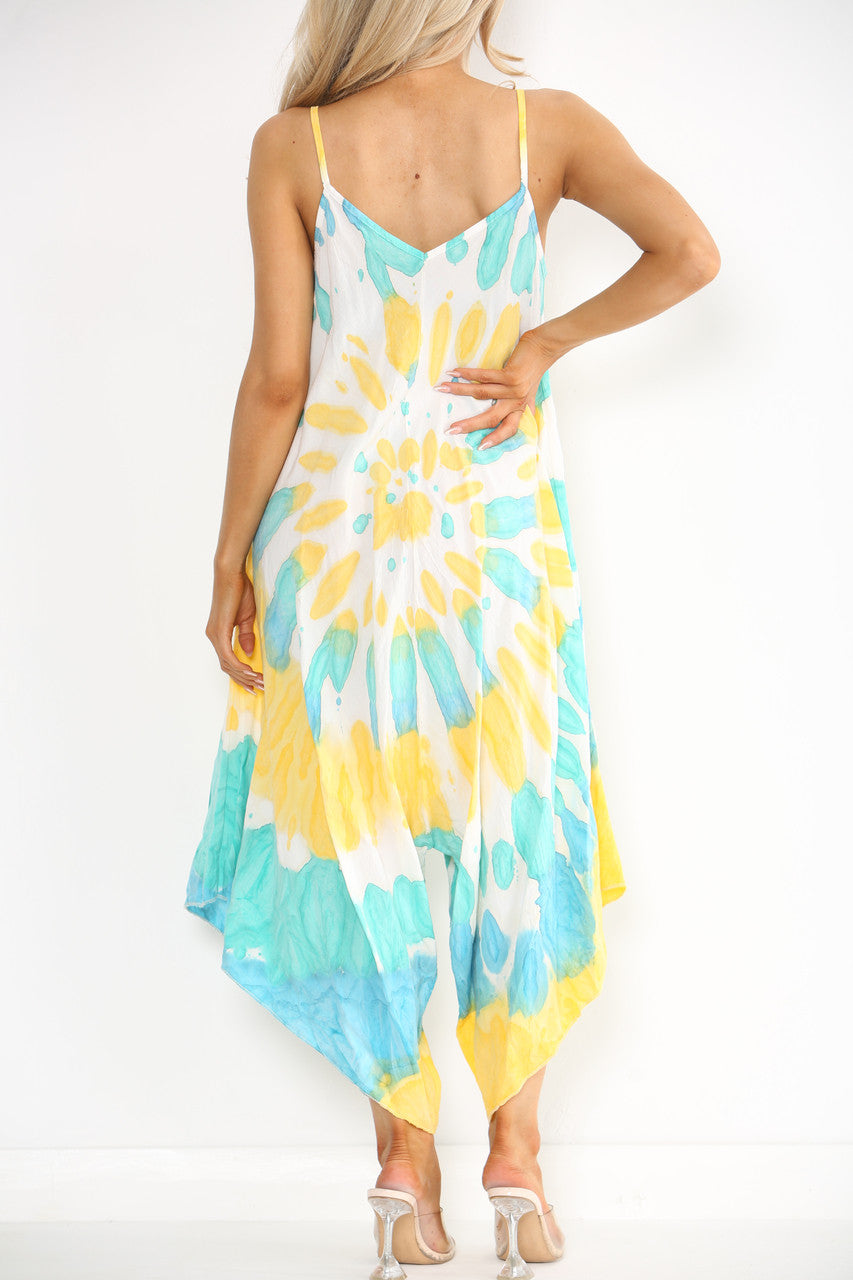 Ladies Tie Dye Print Strappy Jumpsuit Yellow