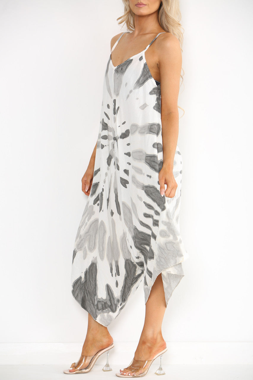 Ladies Tie Dye Print Strappy Jumpsuit Grey