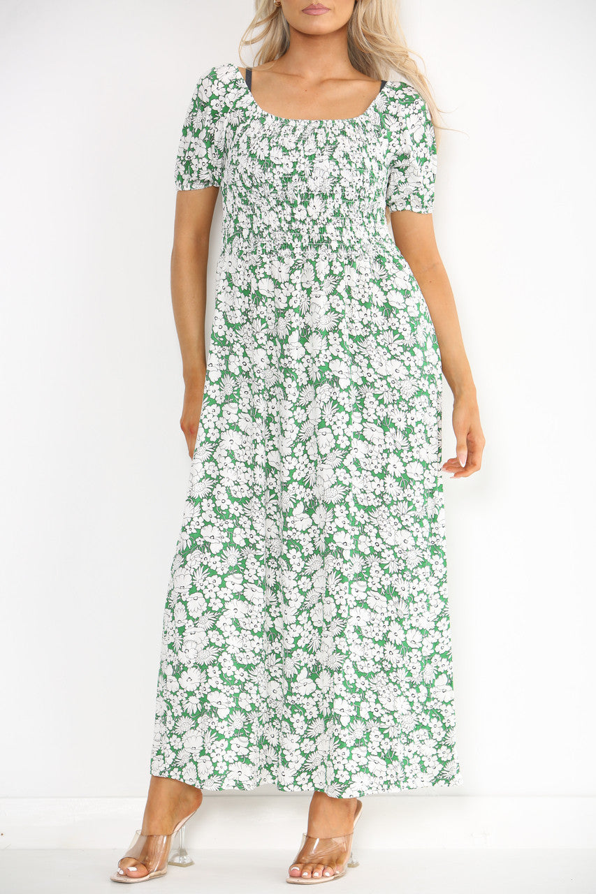 Ladies Shirred Floral Print Dress Green