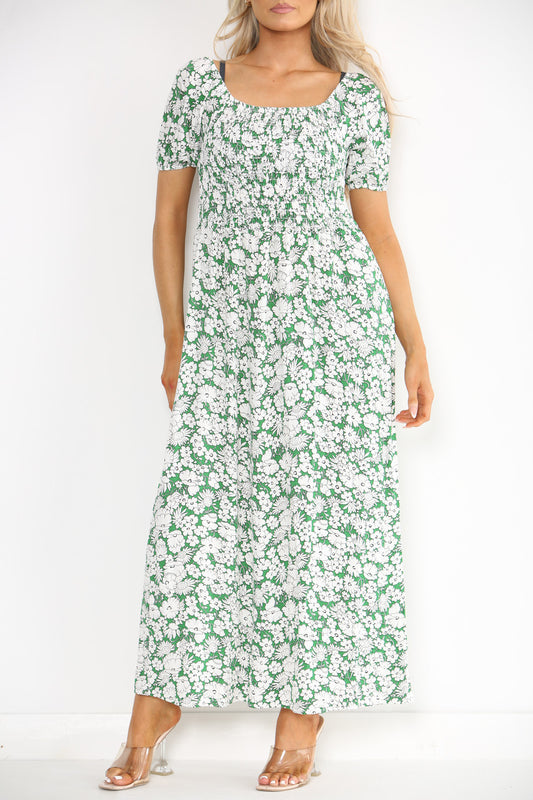 Ladies Shirred Floral Print Dress Green