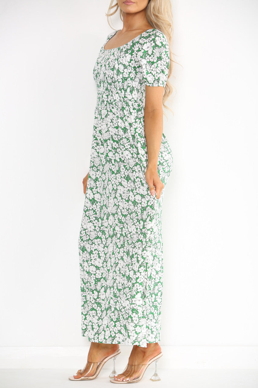 Ladies Shirred Floral Print Dress Green