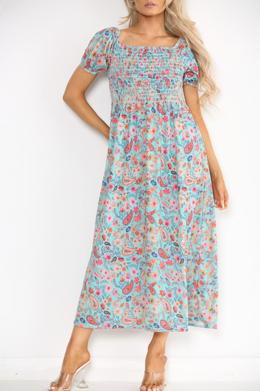 Ladies Shirred Floral Paisley Print Dress Turquoise