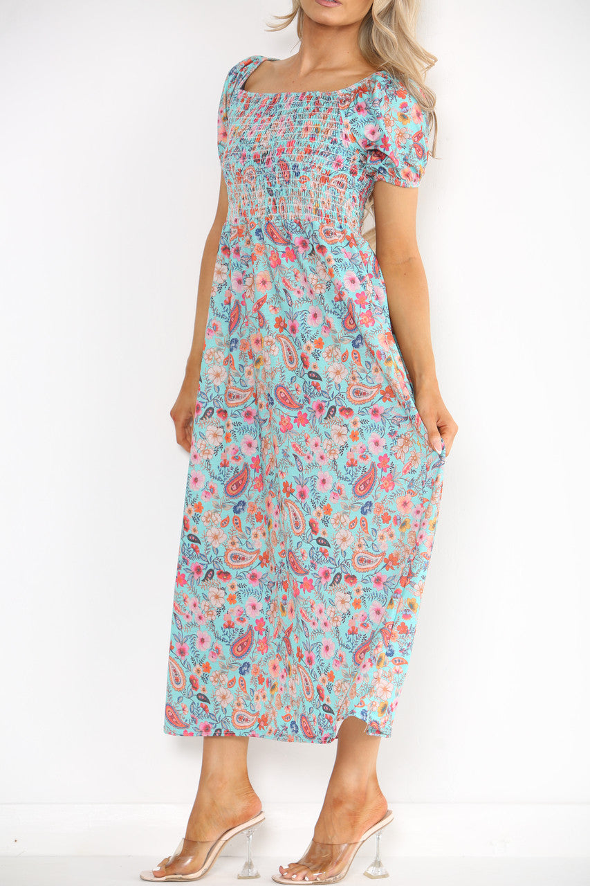 Ladies Shirred Floral Paisley Print Dress Turquoise