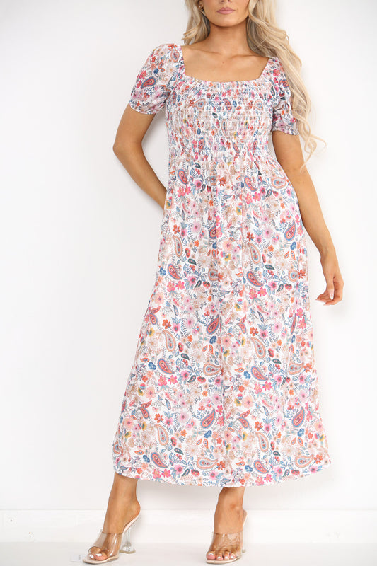 Ladies Shirred Floral Paisley Print Dress White