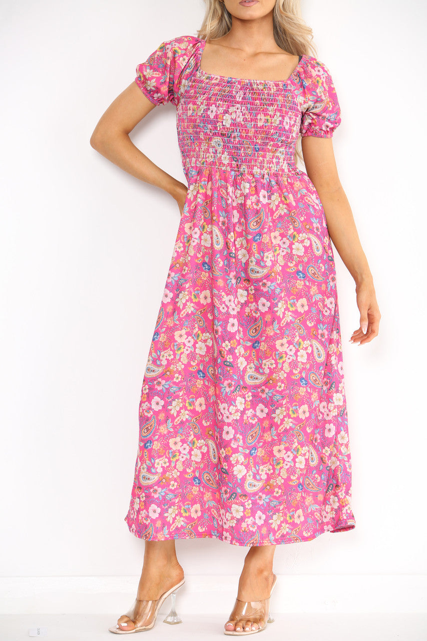 Ladies Shirred Floral Paisley Print Dress Cerise
