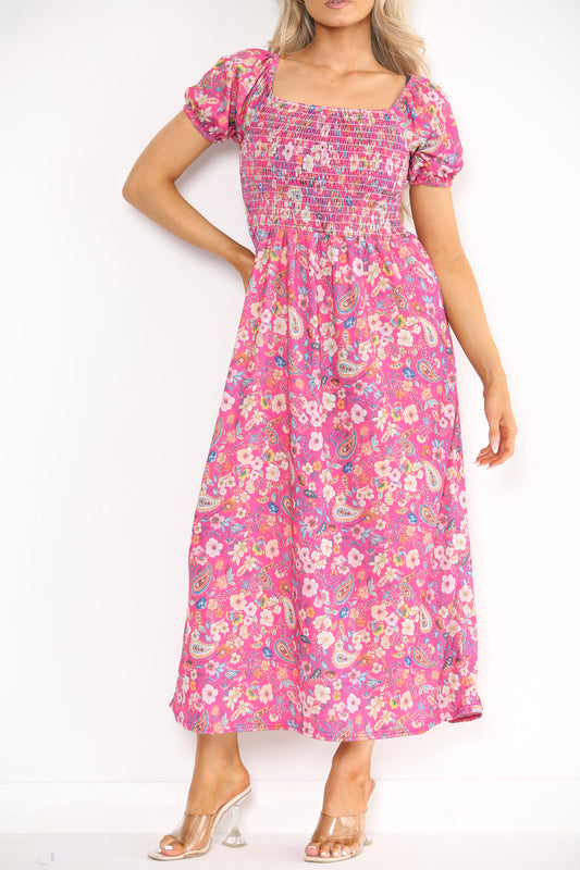 Ladies Shirred Floral Paisley Print Dress Cerise