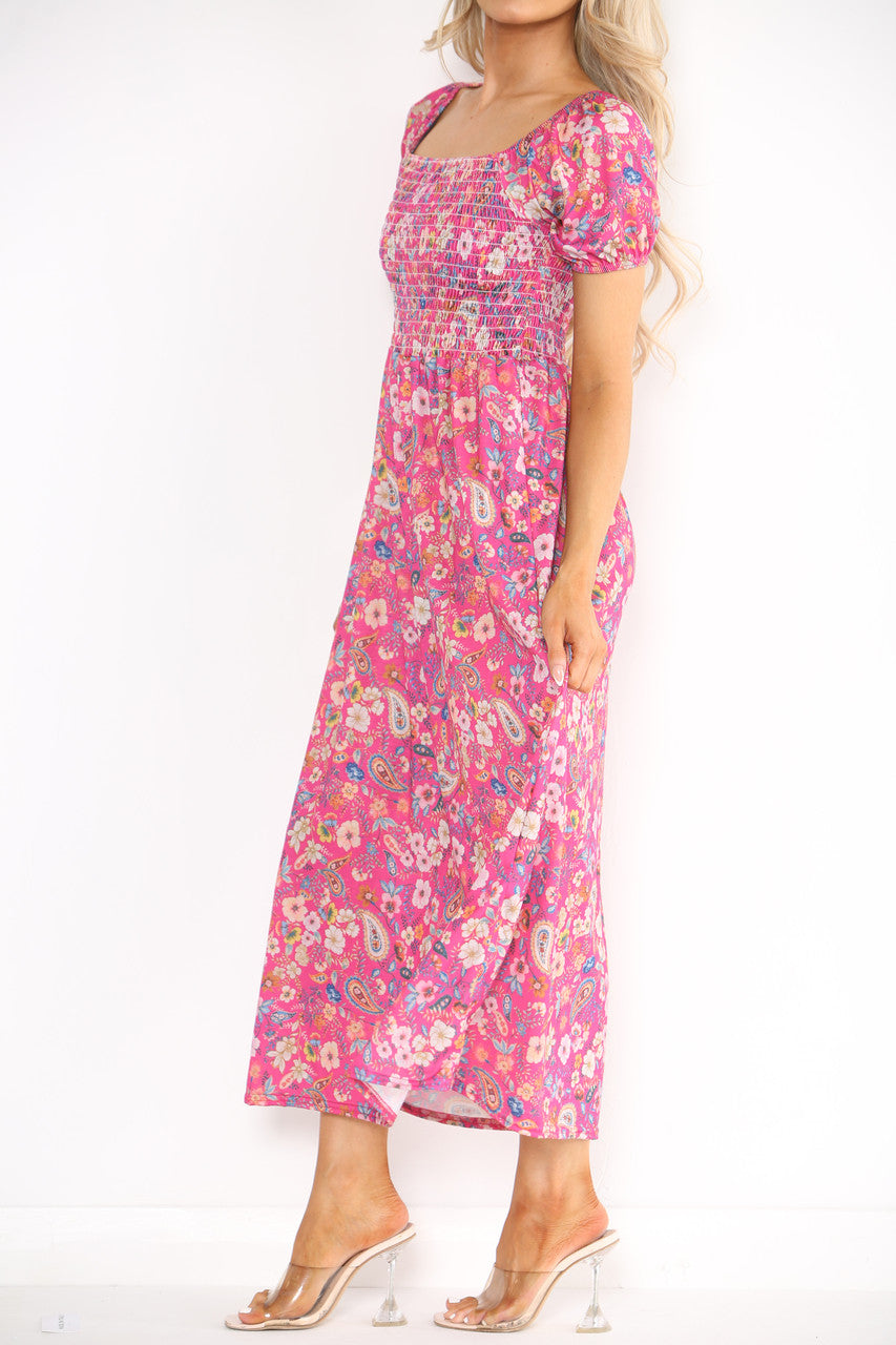 Ladies Shirred Floral Paisley Print Dress Cerise