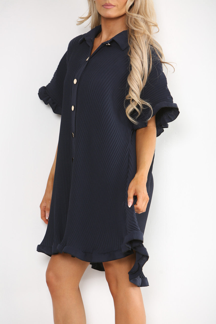 Ladies Plisse Detail Frill Hem Dress Navy