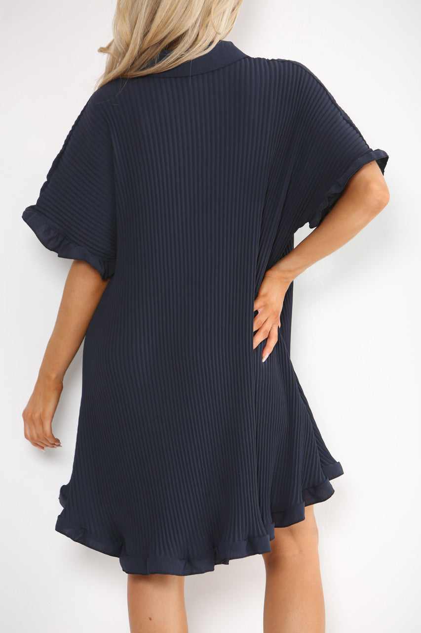 Ladies Plisse Detail Frill Hem Dress Navy