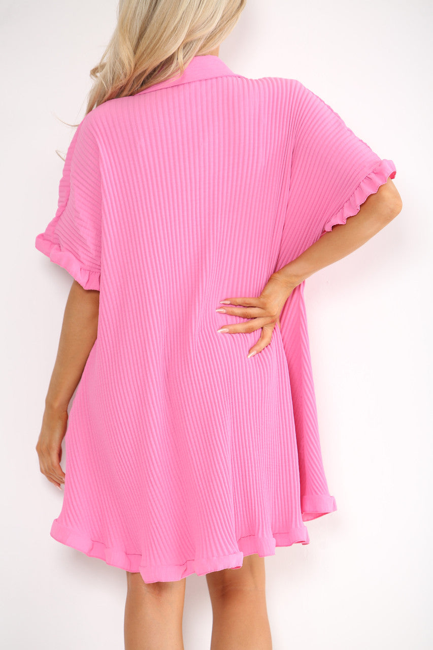 Ladies Plisse Detail Frill Hem Dress Pink