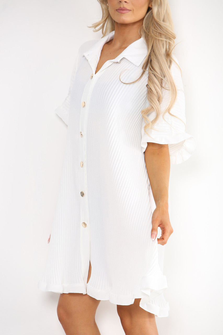 Ladies Plisse Detail Frill Hem Dress White