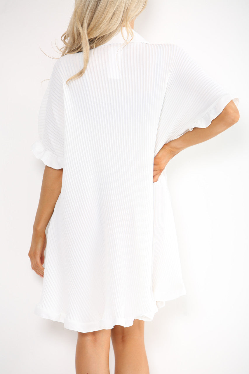Ladies Plisse Detail Frill Hem Dress White