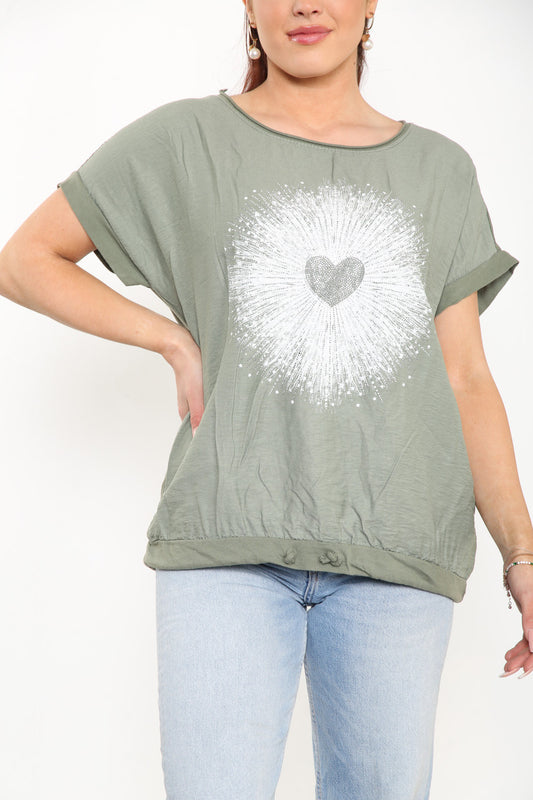 HEART BURST GRAPHIC TOP KHAKI