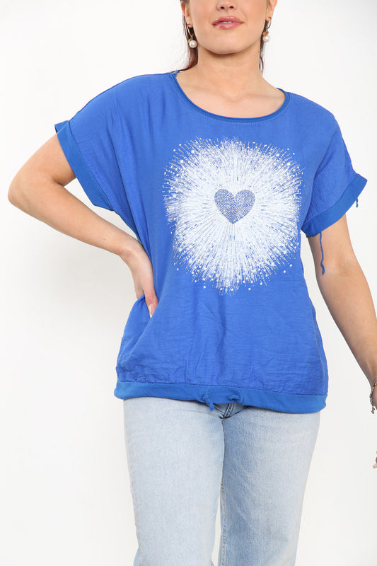 Ladies Diamante Starburst Heart Top Royal Blue