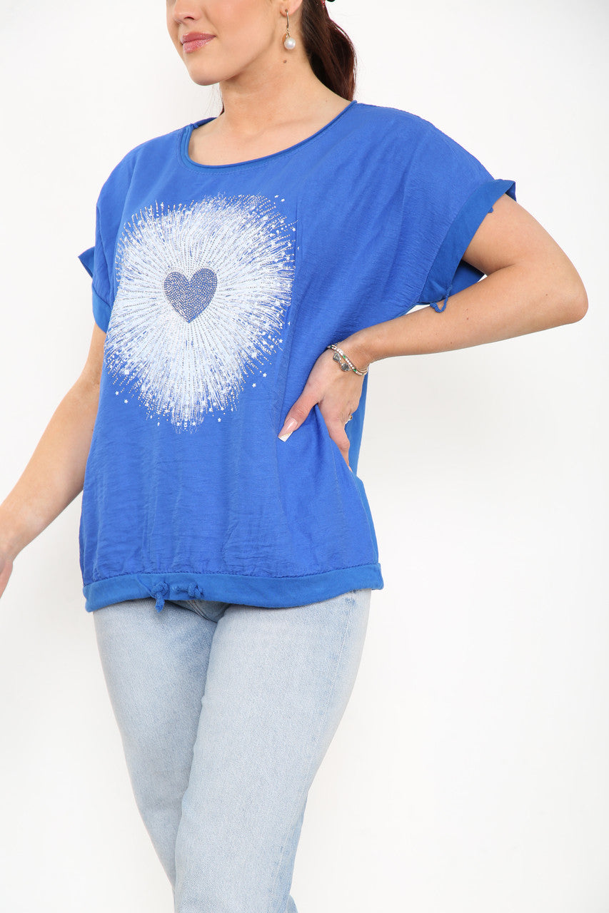 Ladies Diamante Starburst Heart Top Royal Blue