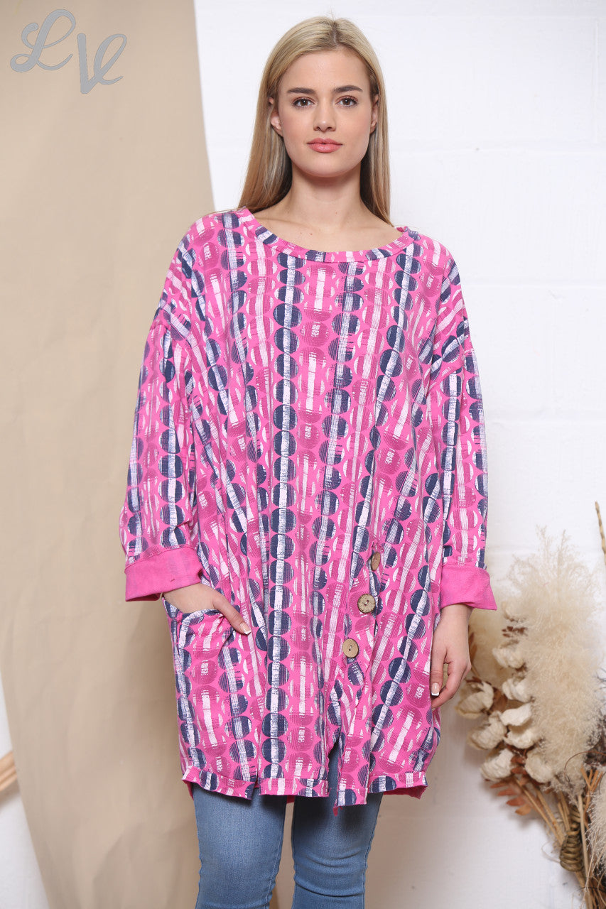 Ladies Circle Stripe 3 Button Tunic Top Cerise
