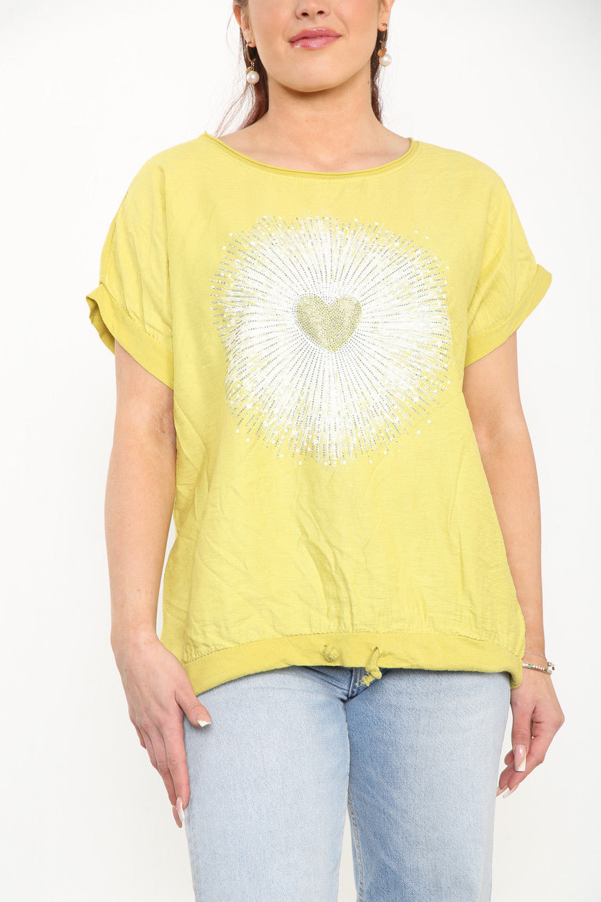 Ladies Diamante Starburst Heart Top Yellow