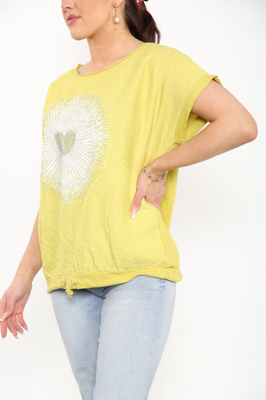 Ladies Diamante Starburst Heart Top Yellow