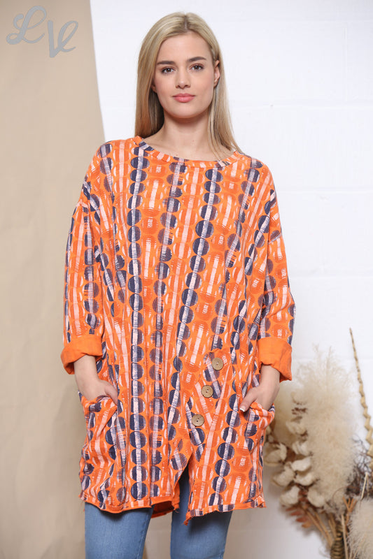 Ladies Circle Stripe 3 Button Tunic Top Orange