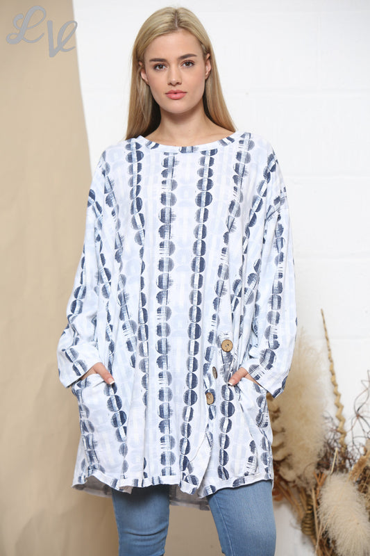 Ladies Circle Stripe 3 Button Tunic Top White