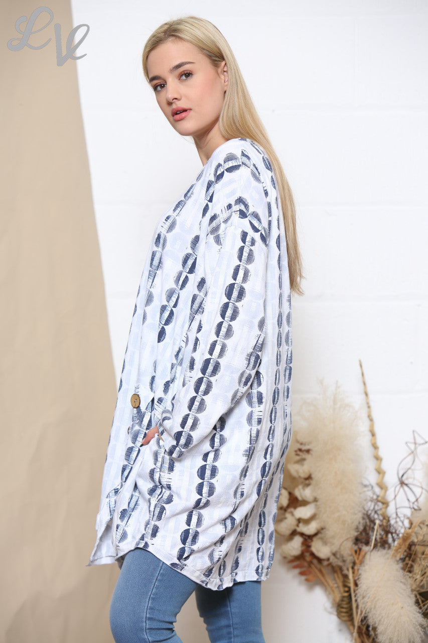 Ladies Circle Stripe 3 Button Tunic Top White