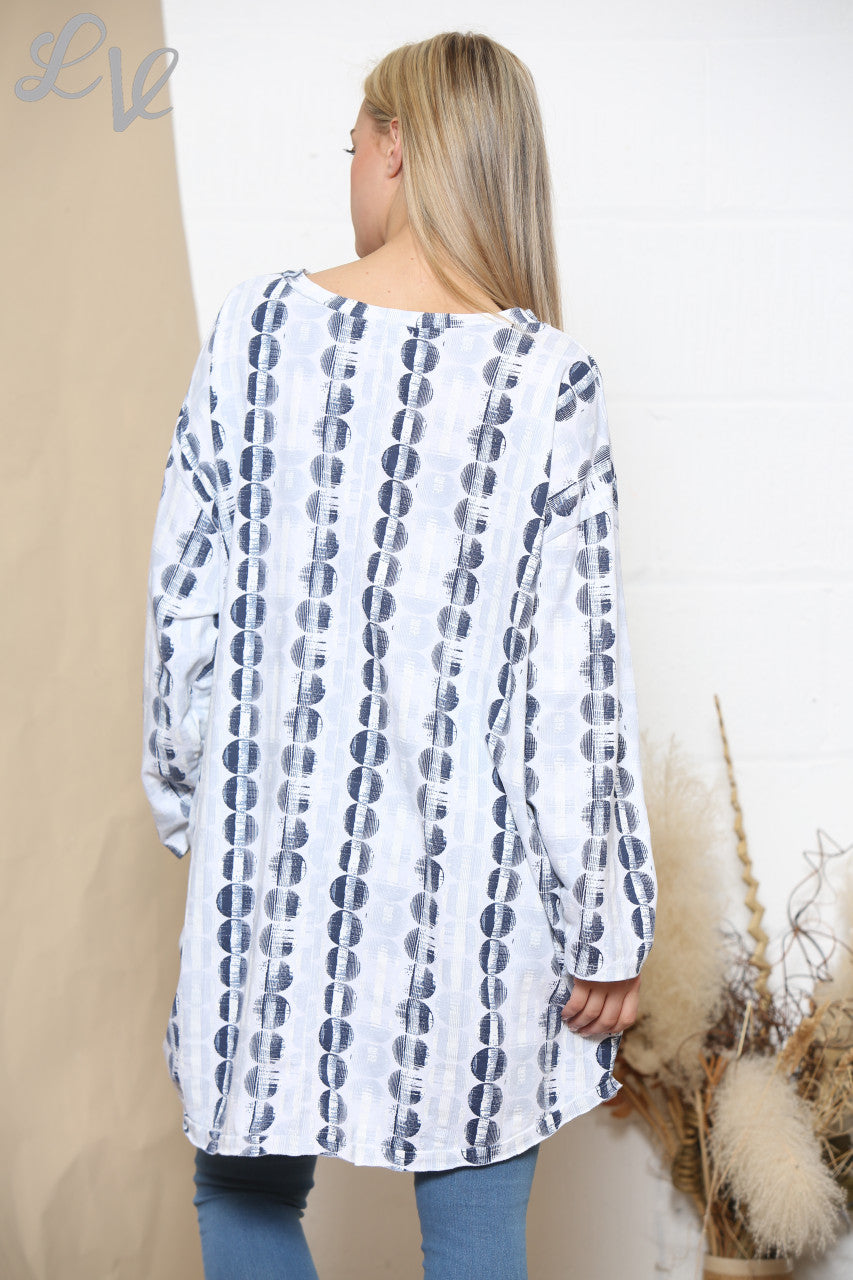 Ladies Circle Stripe 3 Button Tunic Top White