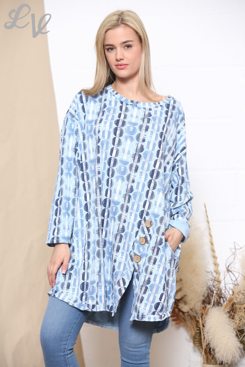 Ladies Circle Stripe 3 Button Tunic Top Light Blue