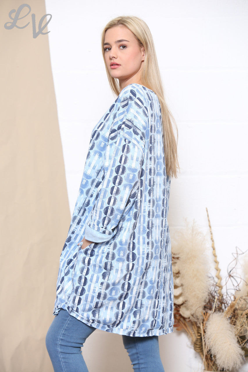 Ladies Circle Stripe 3 Button Tunic Top Light Blue