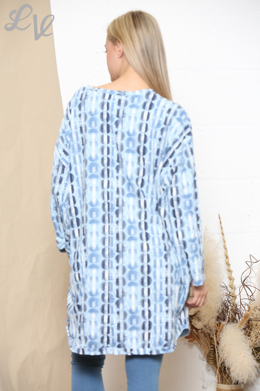 Ladies Circle Stripe 3 Button Tunic Top Light Blue