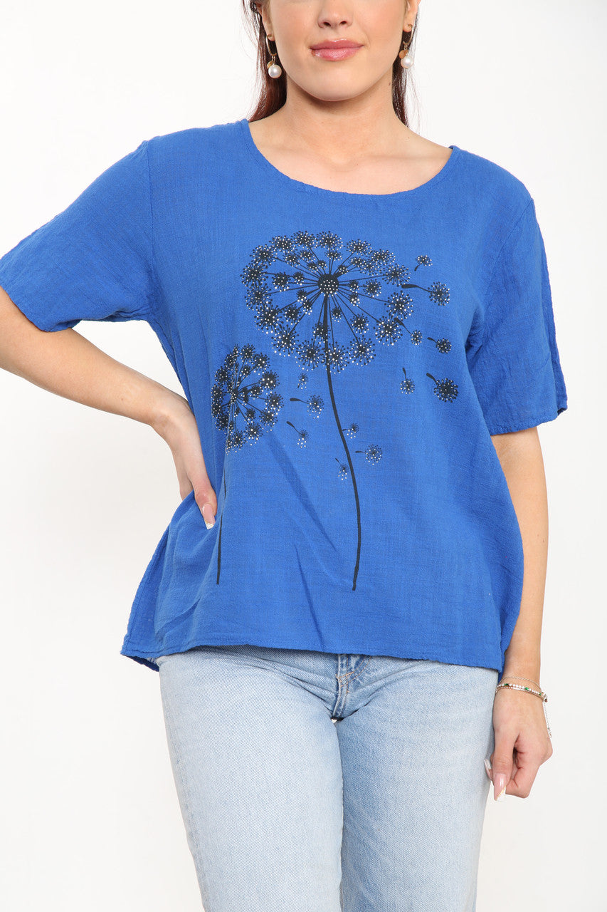 Ladies Dandelion Flowers Top Royal Blue