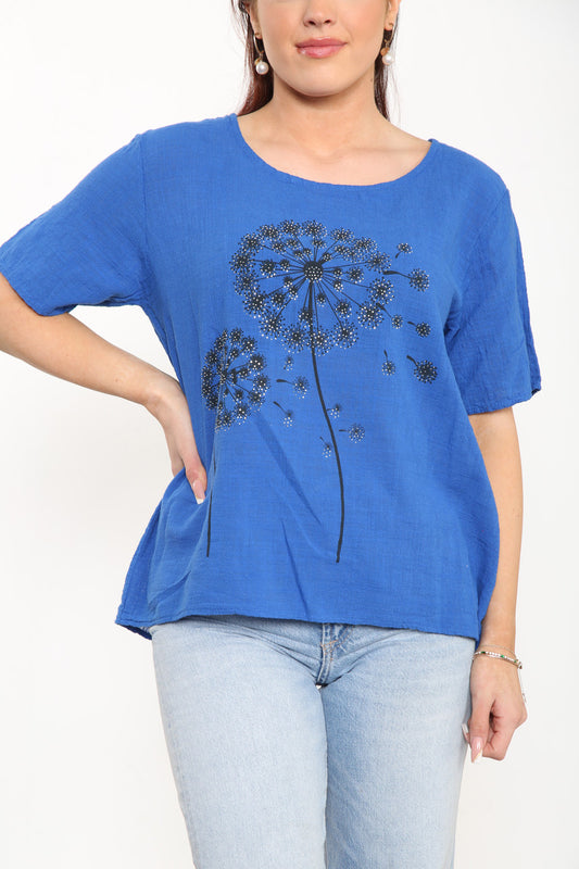 Ladies Dandelion Flowers Top Royal Blue