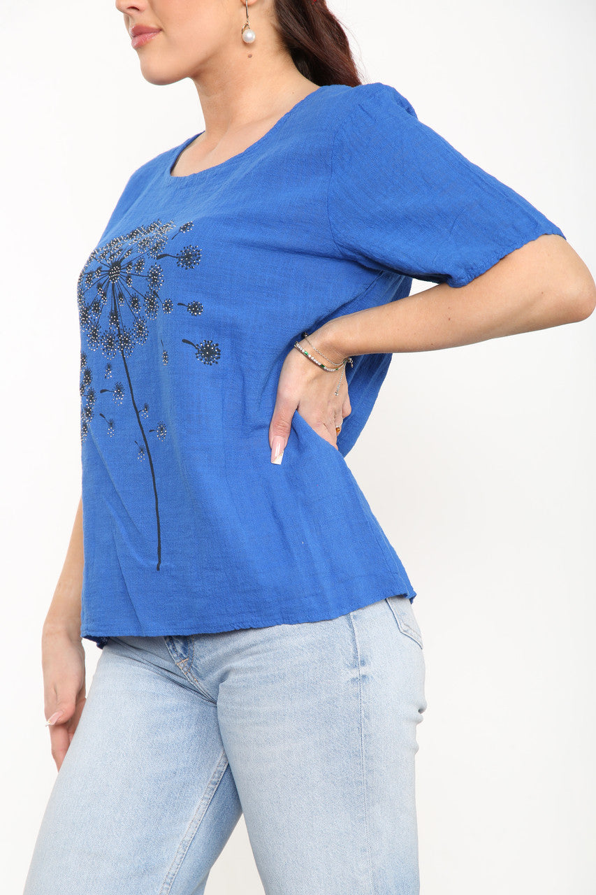 Ladies Dandelion Flowers Top Royal Blue