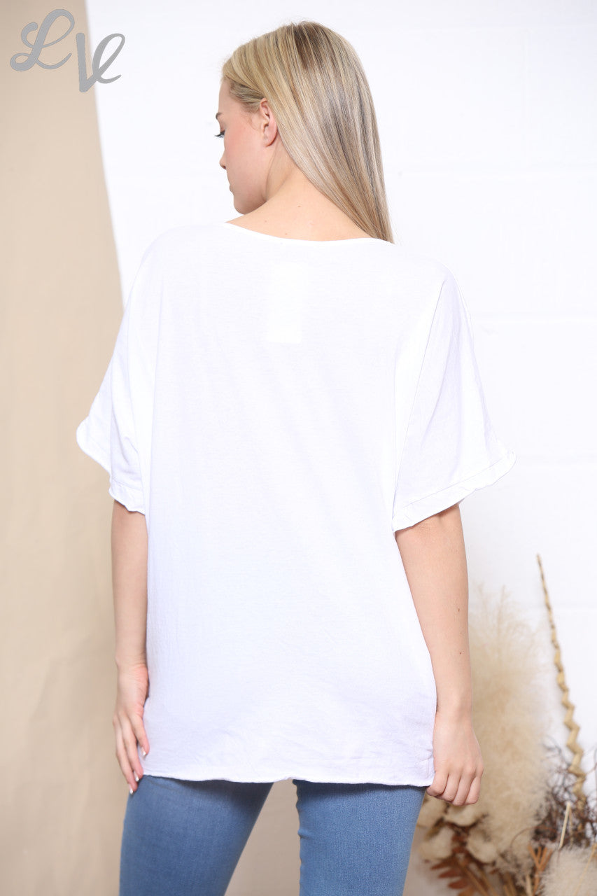Ladies Foil Joy Script Top White