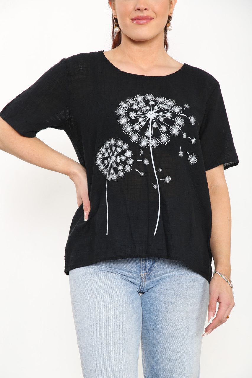 Ladies Dandelion Flowers Top Black