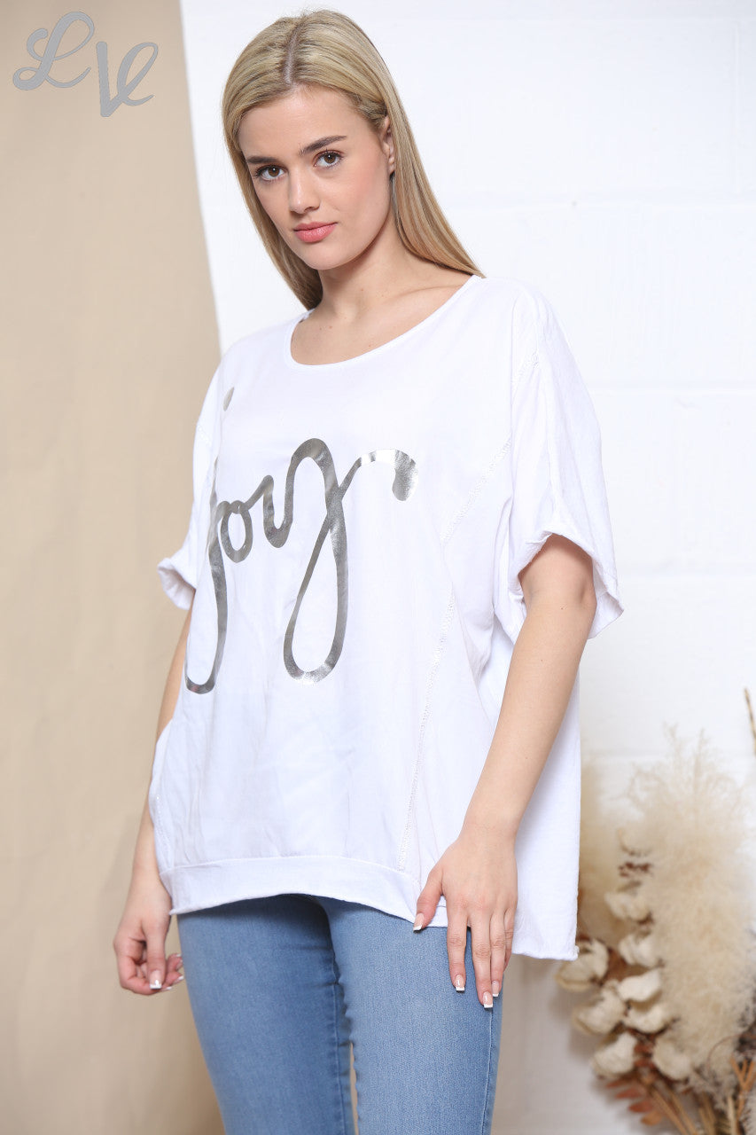 Ladies Foil Joy Script Top White