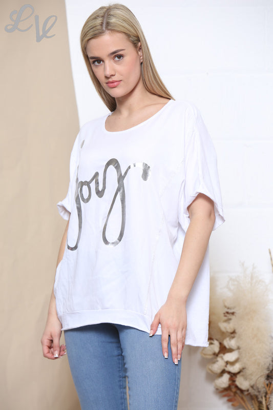 Ladies Foil Joy Script Top White