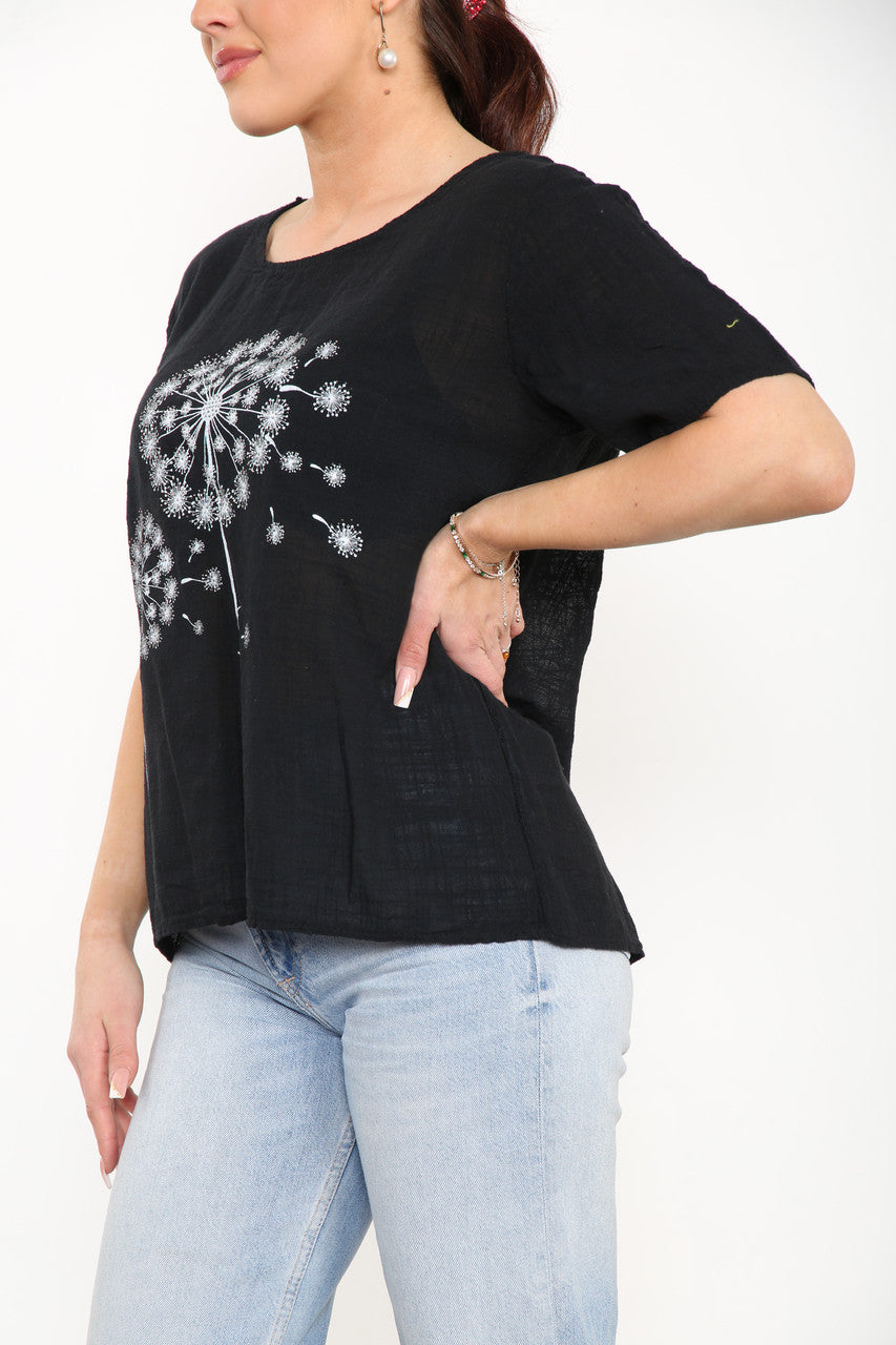 Ladies Dandelion Flowers Top Black