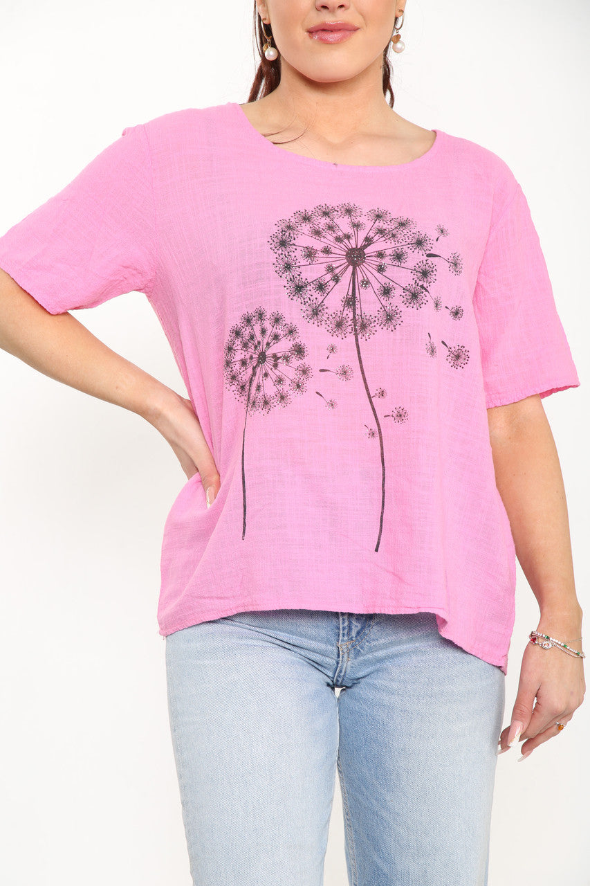 Ladies Dandelion Flowers Top Pink