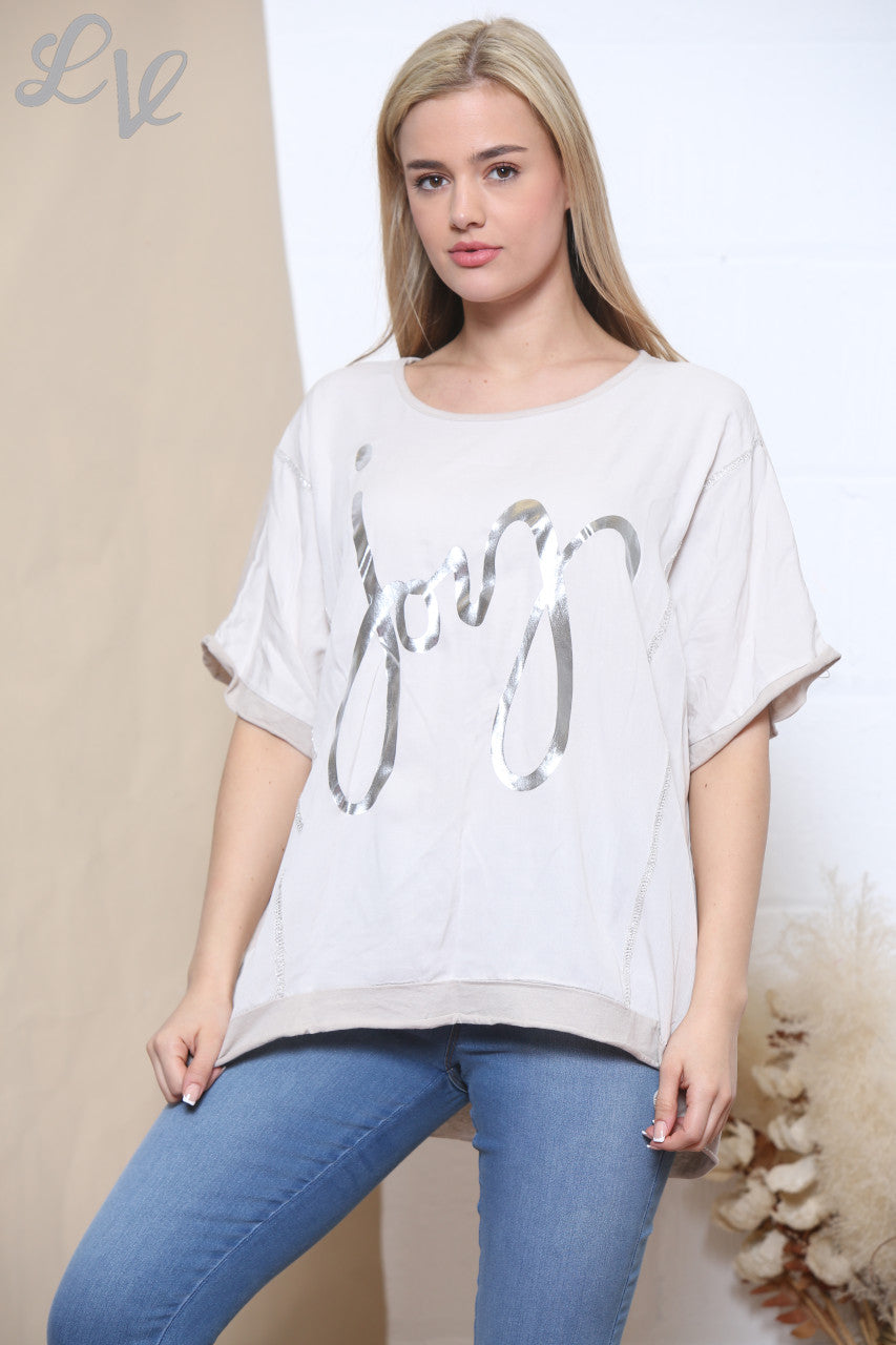 Ladies Foil Joy Script Top Stone