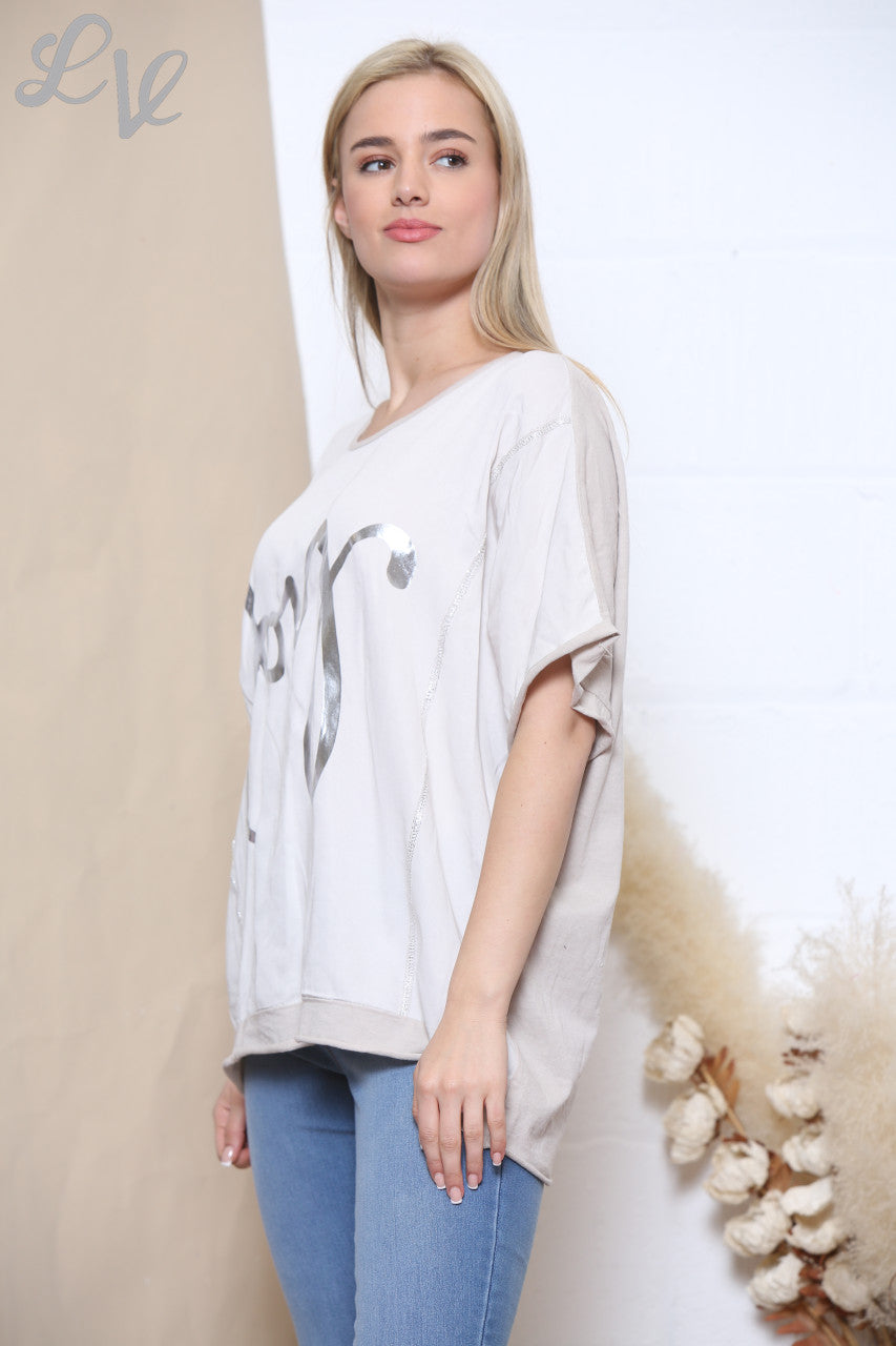 Ladies Foil Joy Script Top Stone